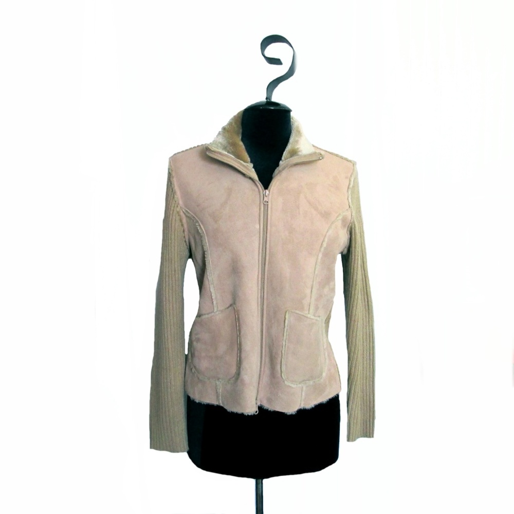 MKM Beige Faux Suede Zip Up Cardigan Sweater L